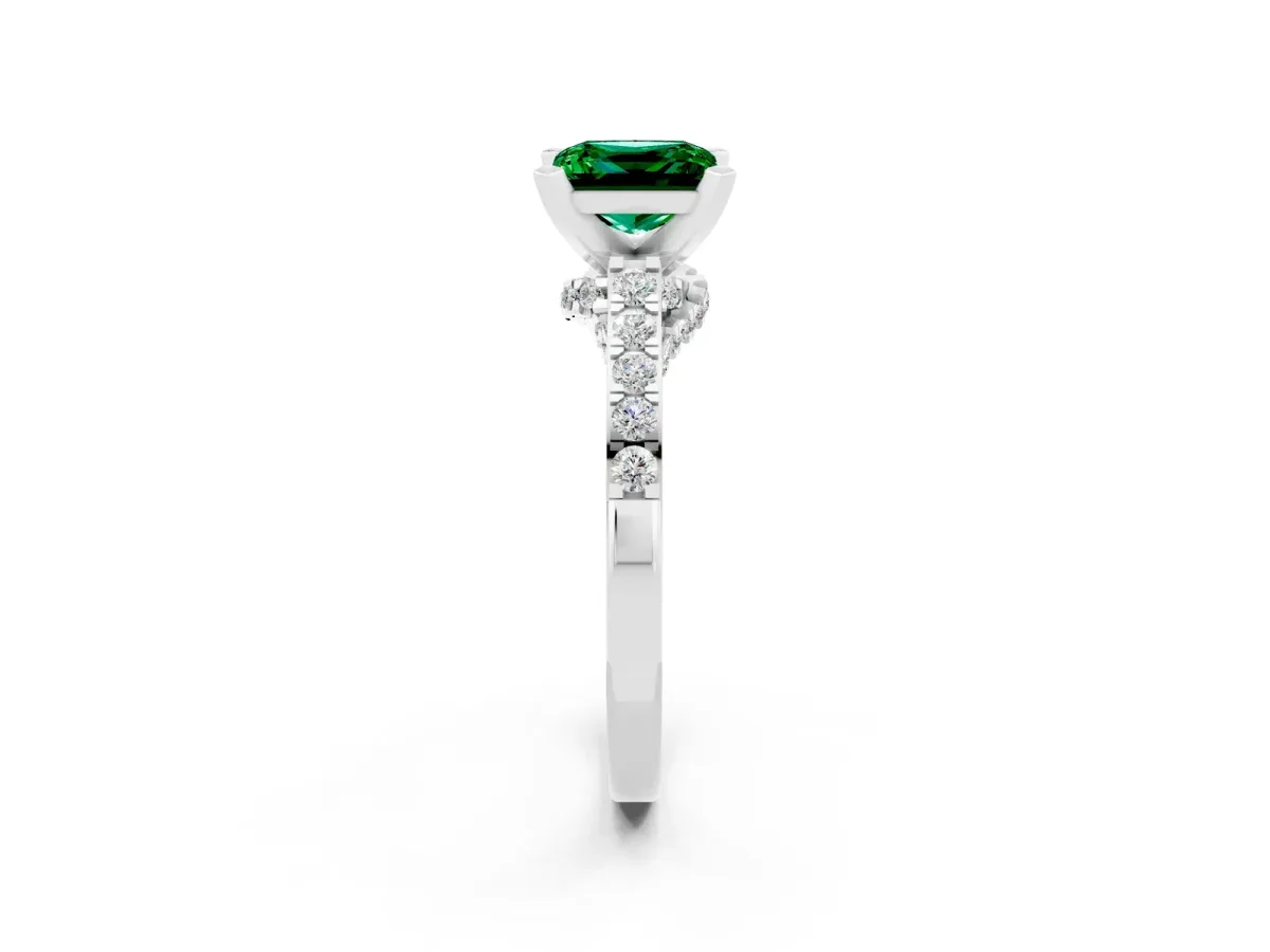 Princess Cut Emerald Solitaire Ring with Crossover Gallery and Round Pavé Band Silver