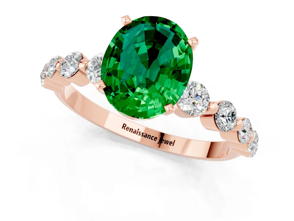 Oval Cut Solitaire Emerald Ring with Pave Band and Four-Prong Setting Rose gold