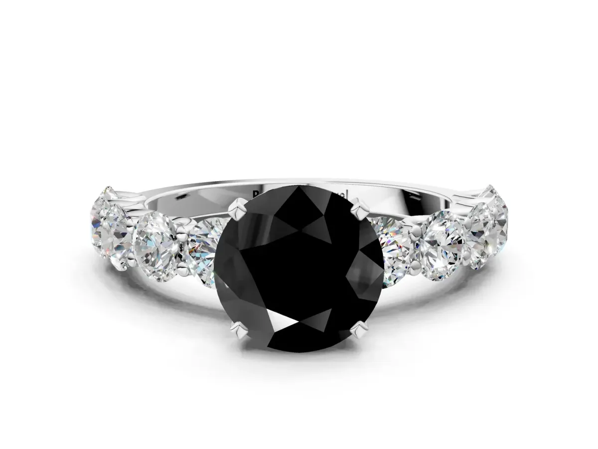 Fancy Black Round Cut Diamond Prong Setting with Side Stones on a Pave Band Platinum