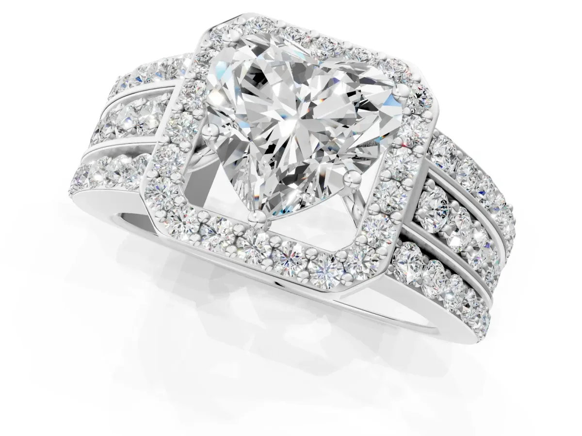 Heart Cut Halo Diamond Ring with Round Moissanite Split Shank and Prong Setting Silver