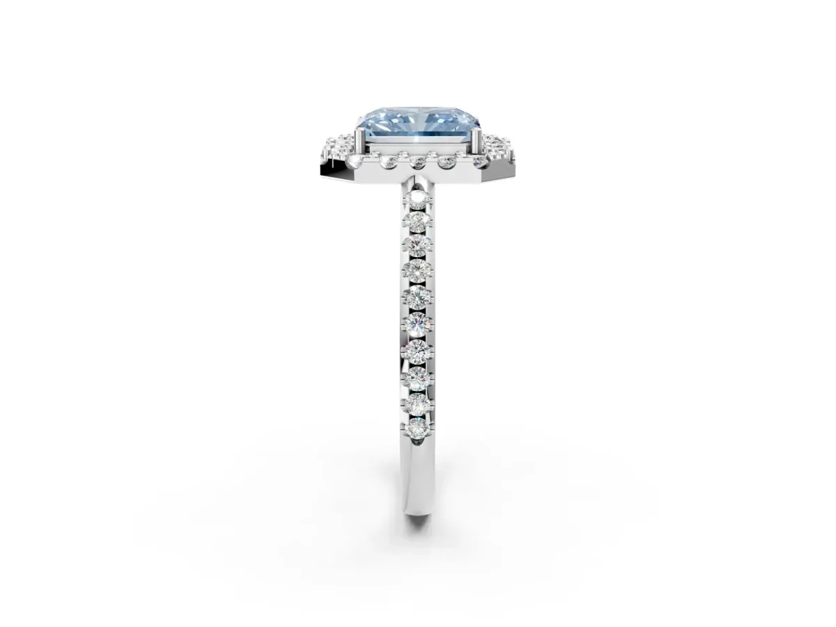 Fancy Blue Radiant Cut Diamond Pavé Halo Ring with Four-Prong Setting Platinum