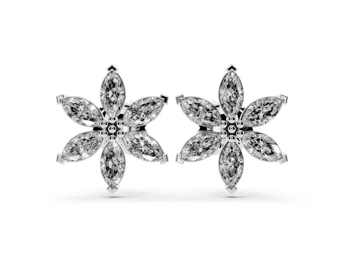 Marquise Diamond Sunflower Stud Earrings Silver