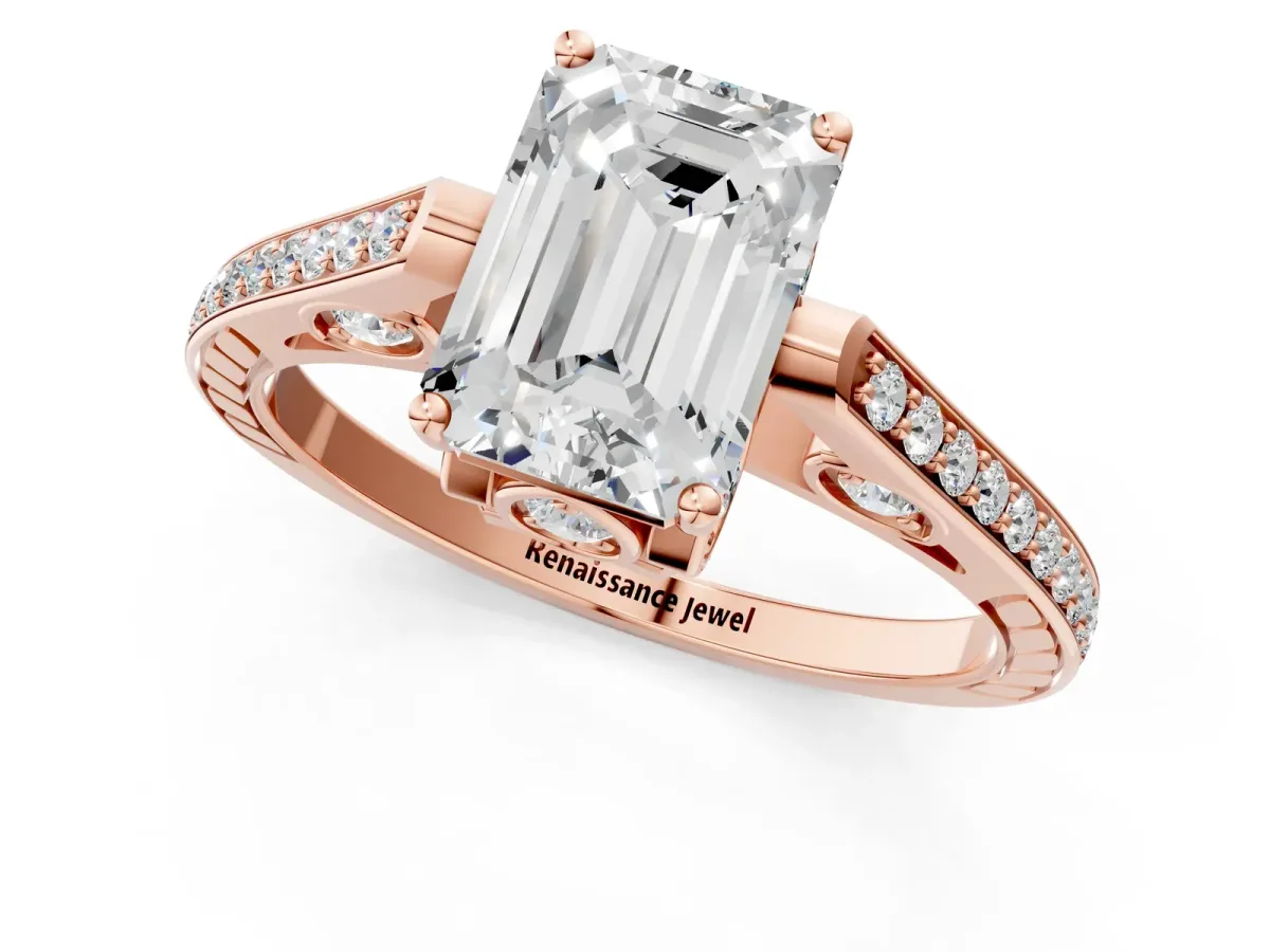 Emerald Cut Cut Cathedral Pave Diamond Engagement Ring with Six-Prong Setting Rose gold