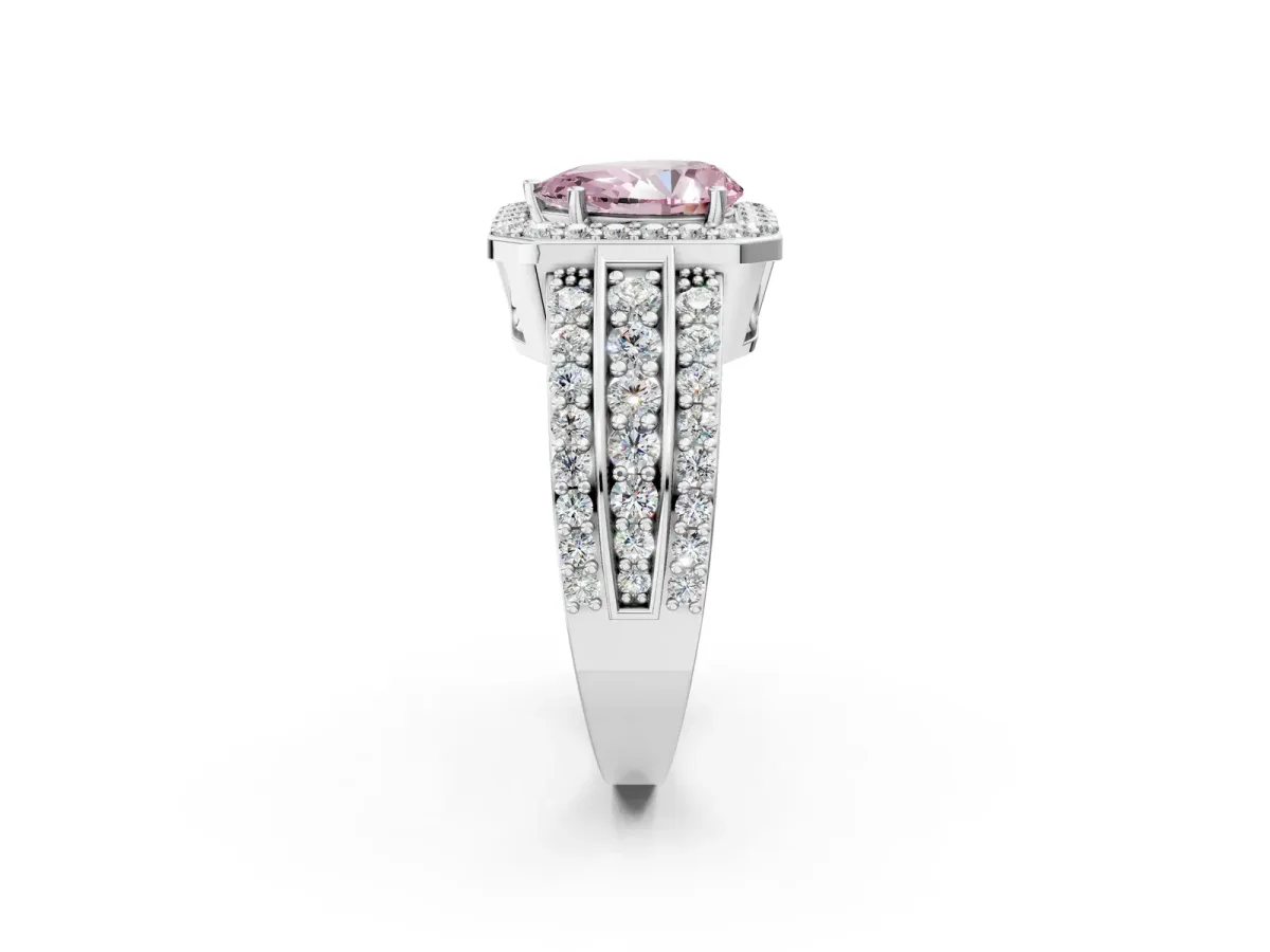 Fancy Pink Pear Cut Halo Diamond Ring with Round Split Shank and Prong Setting White gold