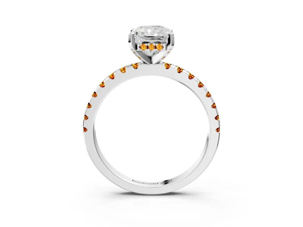 Radiant Cut Diamond Solitaire Ring with Round Citrine Pavé Band and Four-Prong Setting Silver