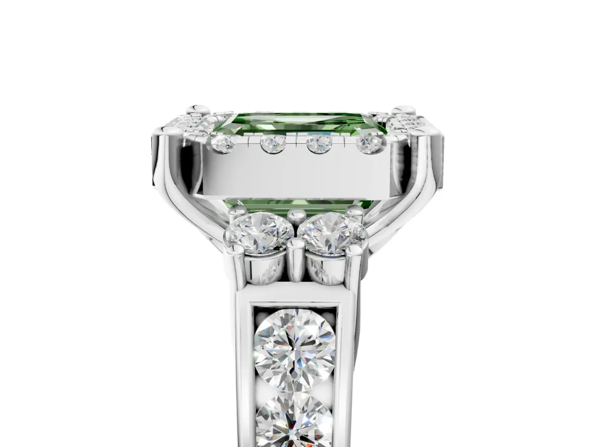 Fancy Green Asscher Cut Halo Diamond Engagement Ring with Split Shank and Four-Prong Setting Platinum