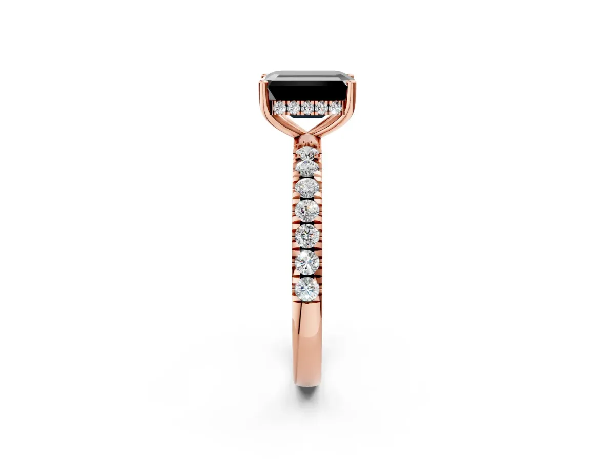 Fancy Black Emerald Cut Diamond Pave Band Solitaire Ring with Round and Prong Setting Rose gold