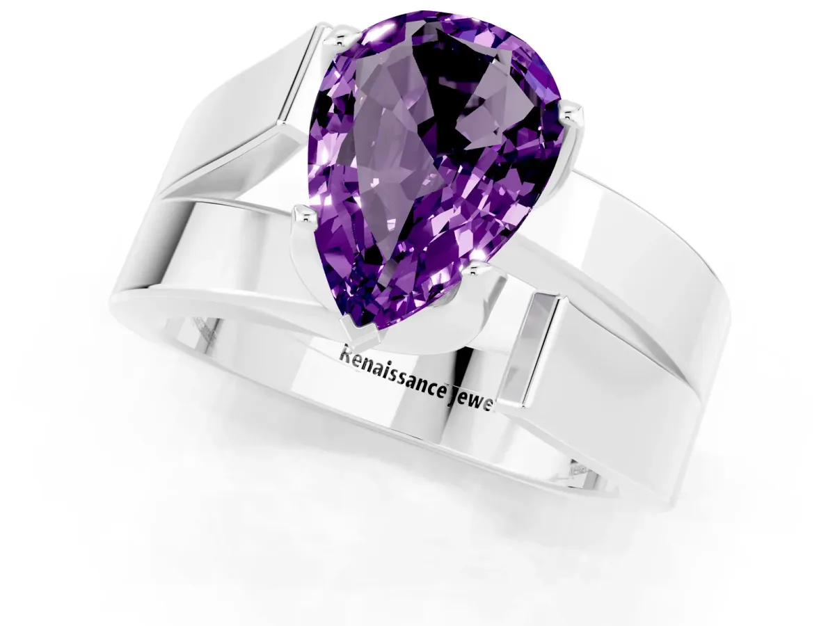 Modern Tension Set Pear Cut Amethyst Solitaire Wide Band Ring Silver