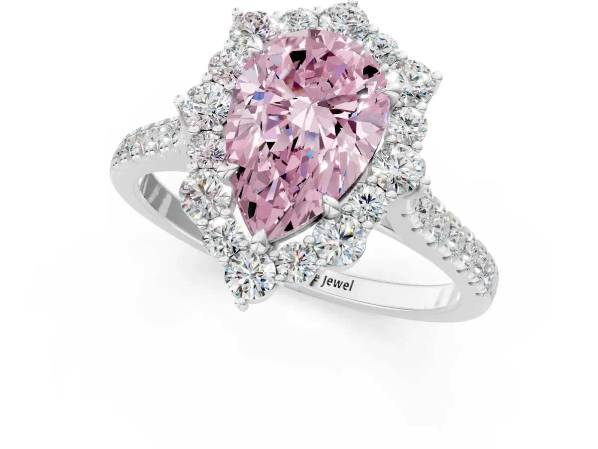 Fancy Pink Pear Cut Halo Diamond Ring with Pavé Band and Prong Setting Silver