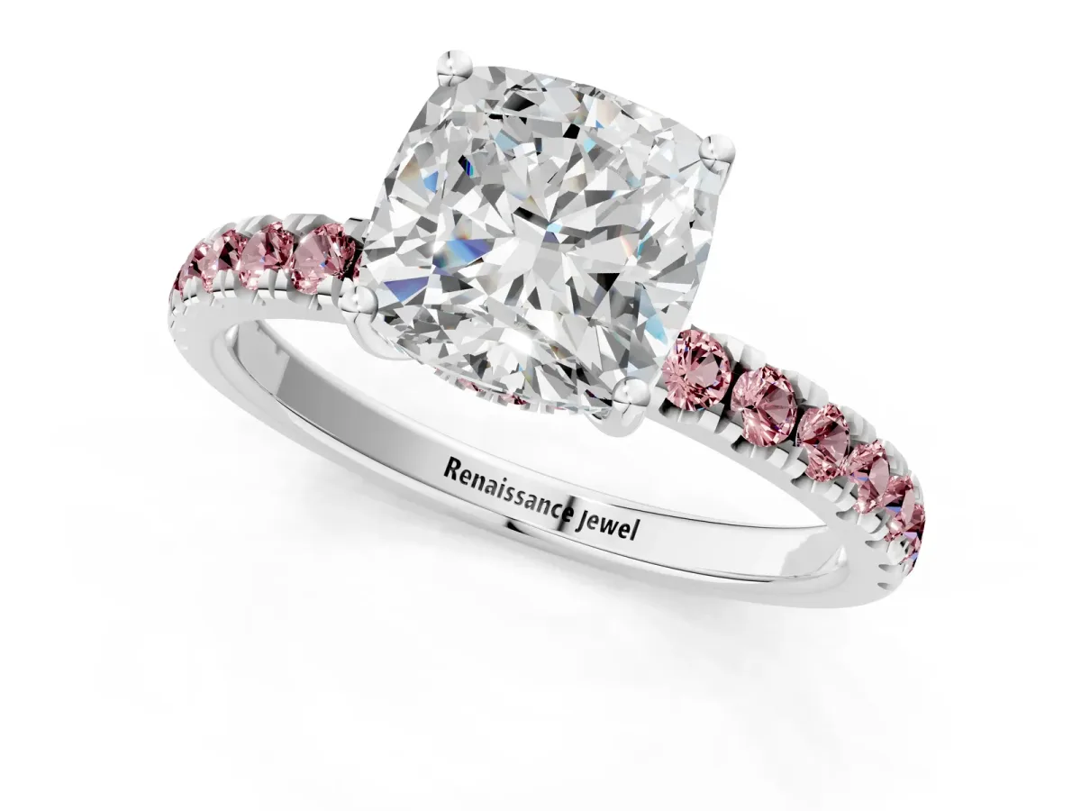 Cushion Cut Diamond Pave Band Solitaire Ring with Round Morganite and Prong Setting Silver