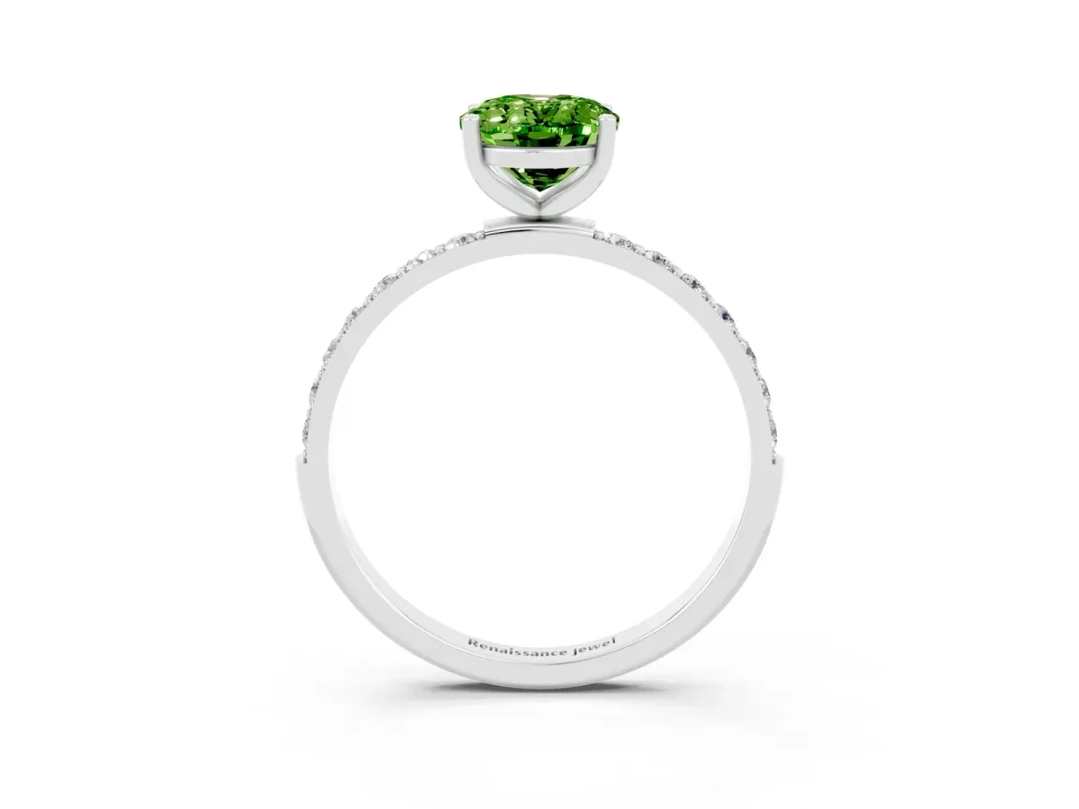 Oval Cut Peridot Solitaire Ring with Round Pavé Band and Prong Setting Platinum