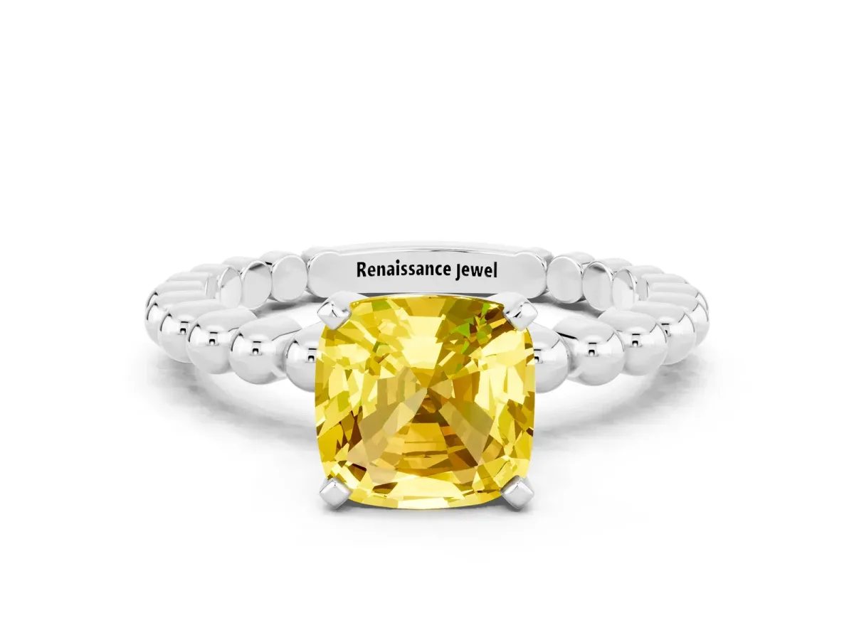 Cushion Cut Yellow Sapphire Solitaire Ring with Beaded Band and Prong Setting Silver