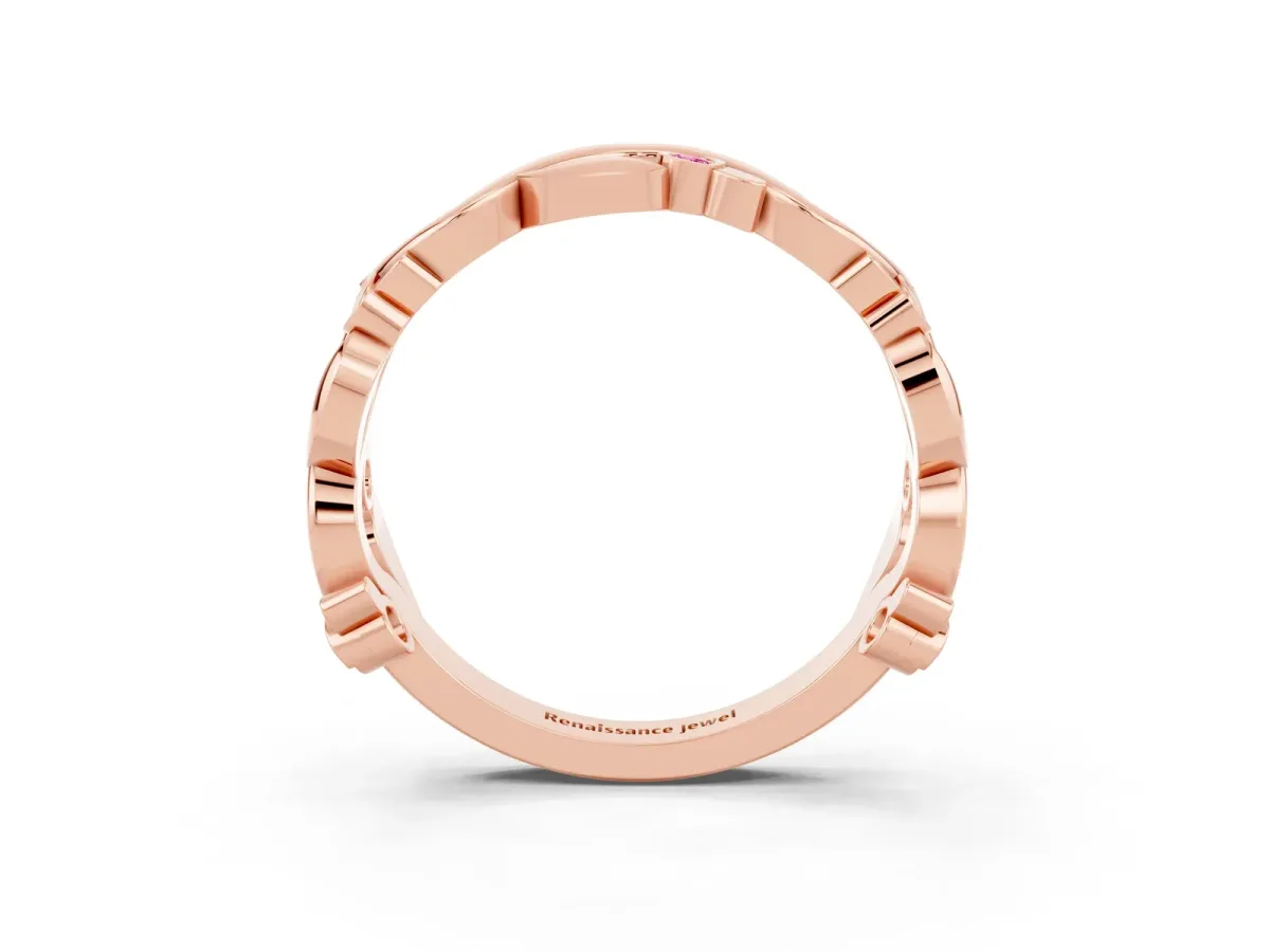 Round Pink Sapphire Leaf Eternity Band with Bezel Setting Rose gold