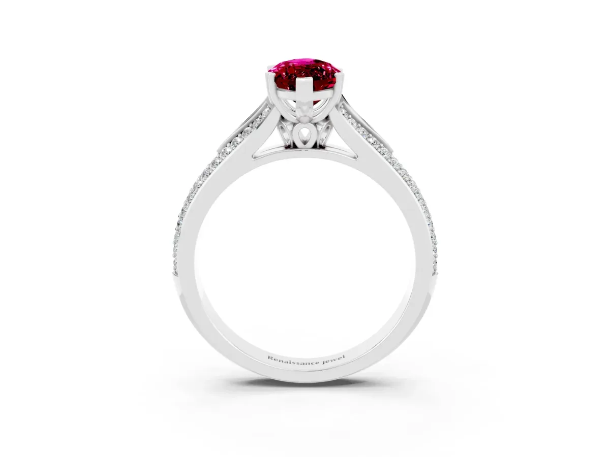 Marquise Cut Garnet Split Shank Engagement Ring with Pavé Band White gold