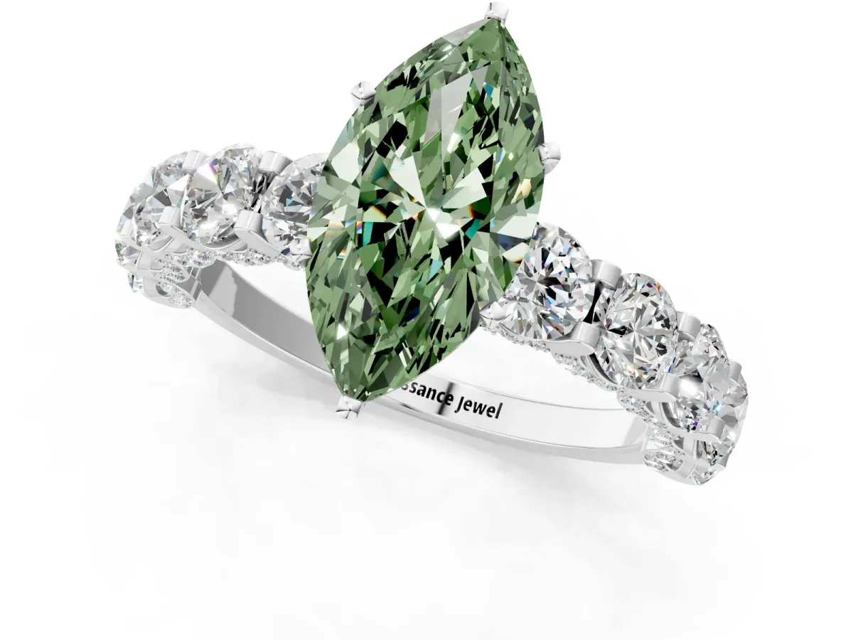 Fancy Green Marquise Cut Diamond Side Stone Engagement Ring with Four-Prong Setting White gold