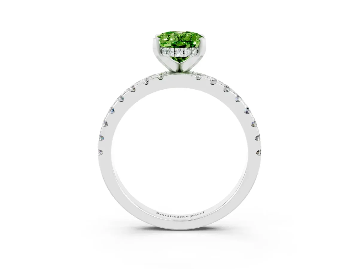 Oval Cut Peridot Solitaire Ring with Round Pavé Band and Four-Prong Setting Platinum