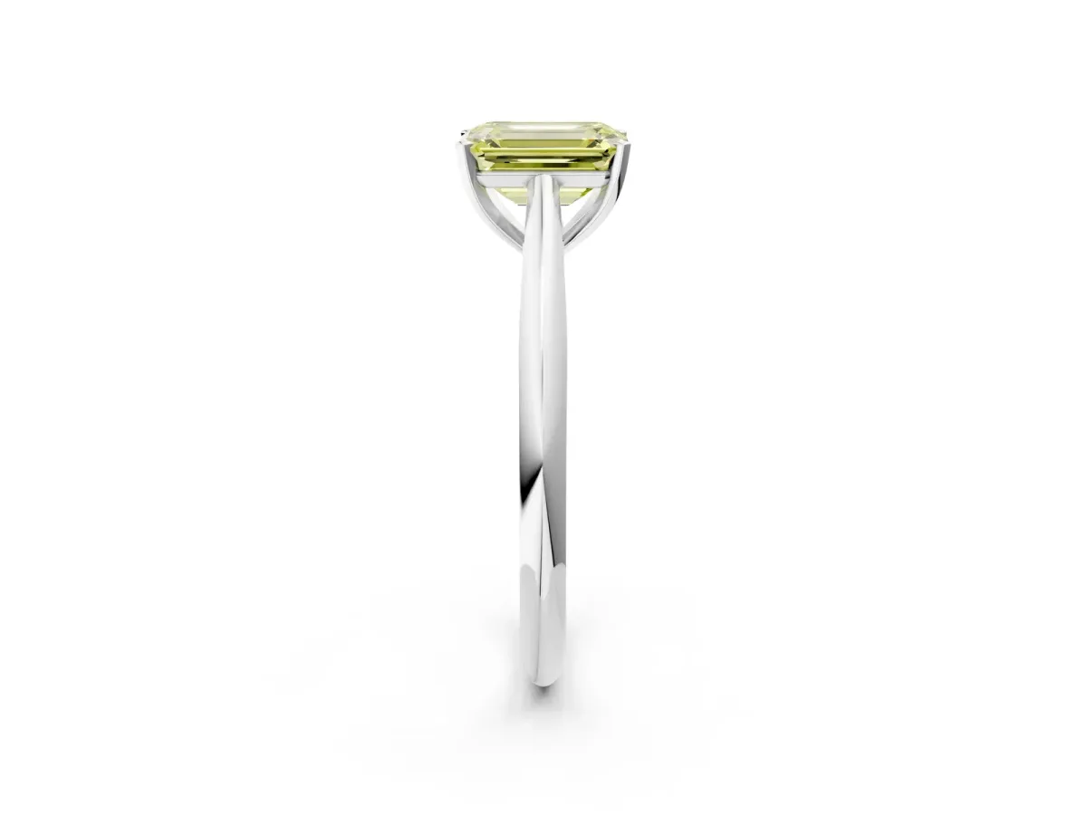Fancy Yellow Emerald Cut Diamond Solitaire Engagement Ring with Cathedral Setting and Four-Prong Mount White gold
