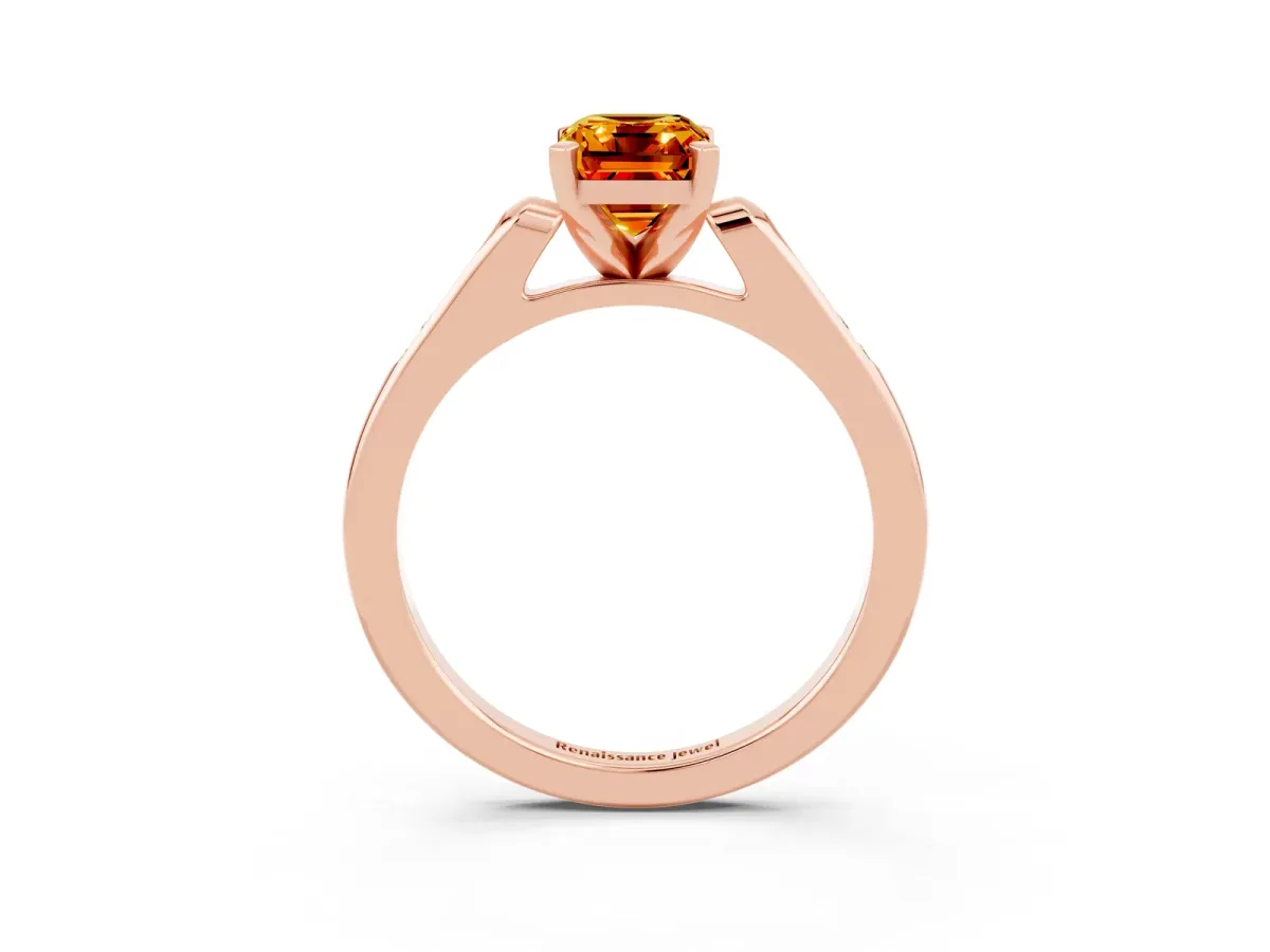 Emerald Cut Citrine Solitaire Ring with Channel Set Round Band and Prong Setting Rose gold