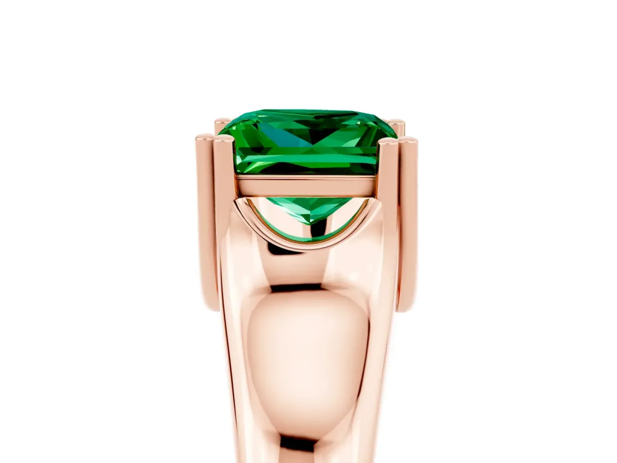 Princess Cut Emerald Solitaire Ring with Wide Band and Prong Setting Rose gold