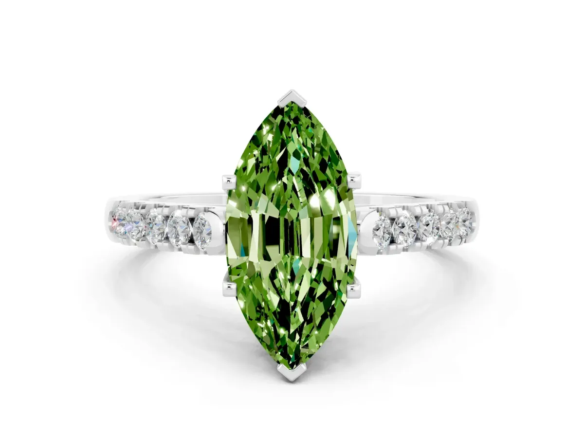 Marquise Cut Peridot Pavé Band Solitaire Ring with Prong Setting Silver