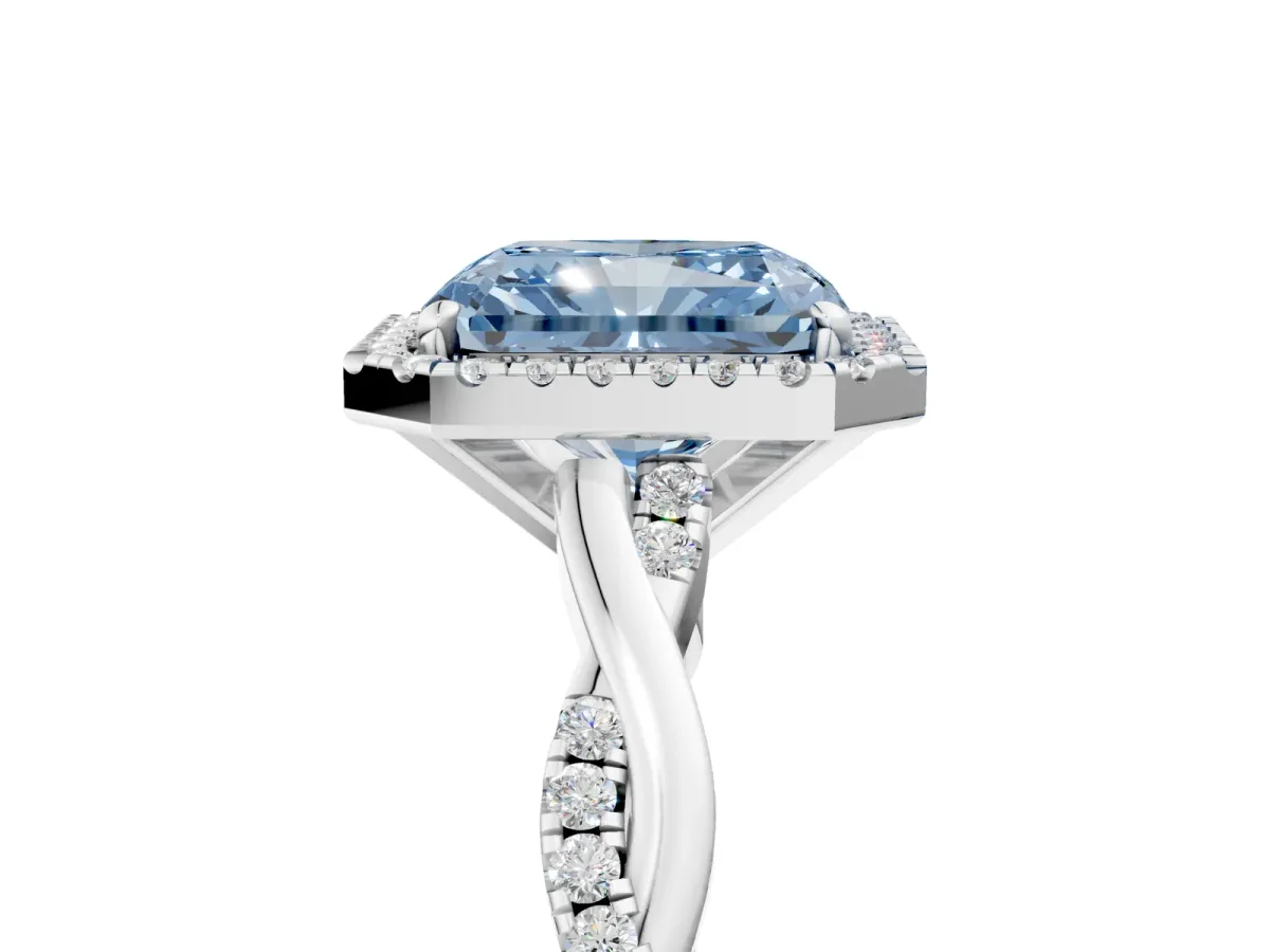 Fancy Blue Radiant Cut Cut Halo Twisted Band Four-Prong Ring Platinum