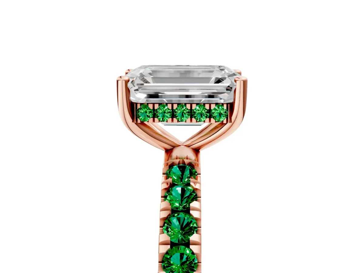 Emerald Cut Diamond Pave Band Solitaire Ring with Round Emerald and Prong Setting Rose gold