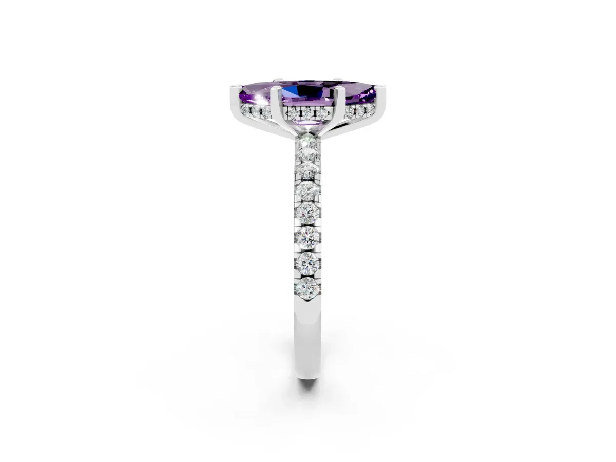 Marquise Cut Amethyst Solitaire Ring with Round Pavé Band and Four-Prong Setting Silver