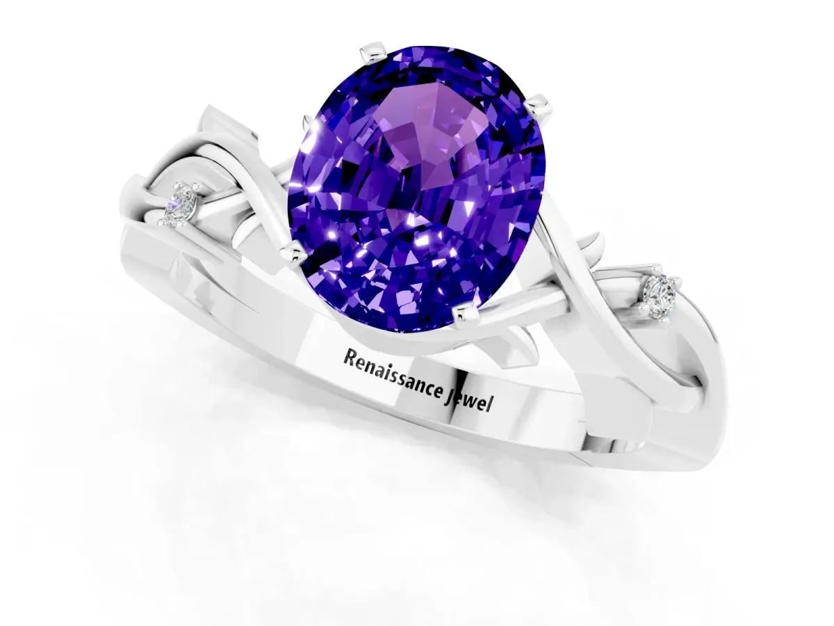 Oval Cut Tanzanite Solitaire Ring with Twisted Band and Prong Setting Silver