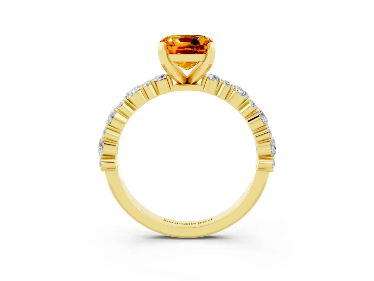 Cushion Cut Citrine Side Stone Solitaire Ring with Round and Four-Prong Setting Yellow gold