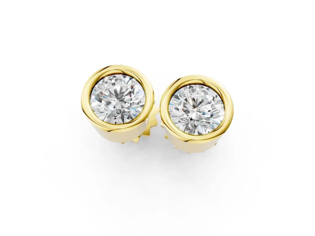 Bezel Set Round Diamond Stud Earrings with Push Back Yellow gold
