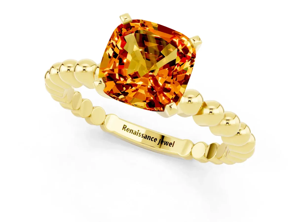 Cushion Cut Citrine Solitaire Ring with Beaded Band and Prong Setting Yellow gold