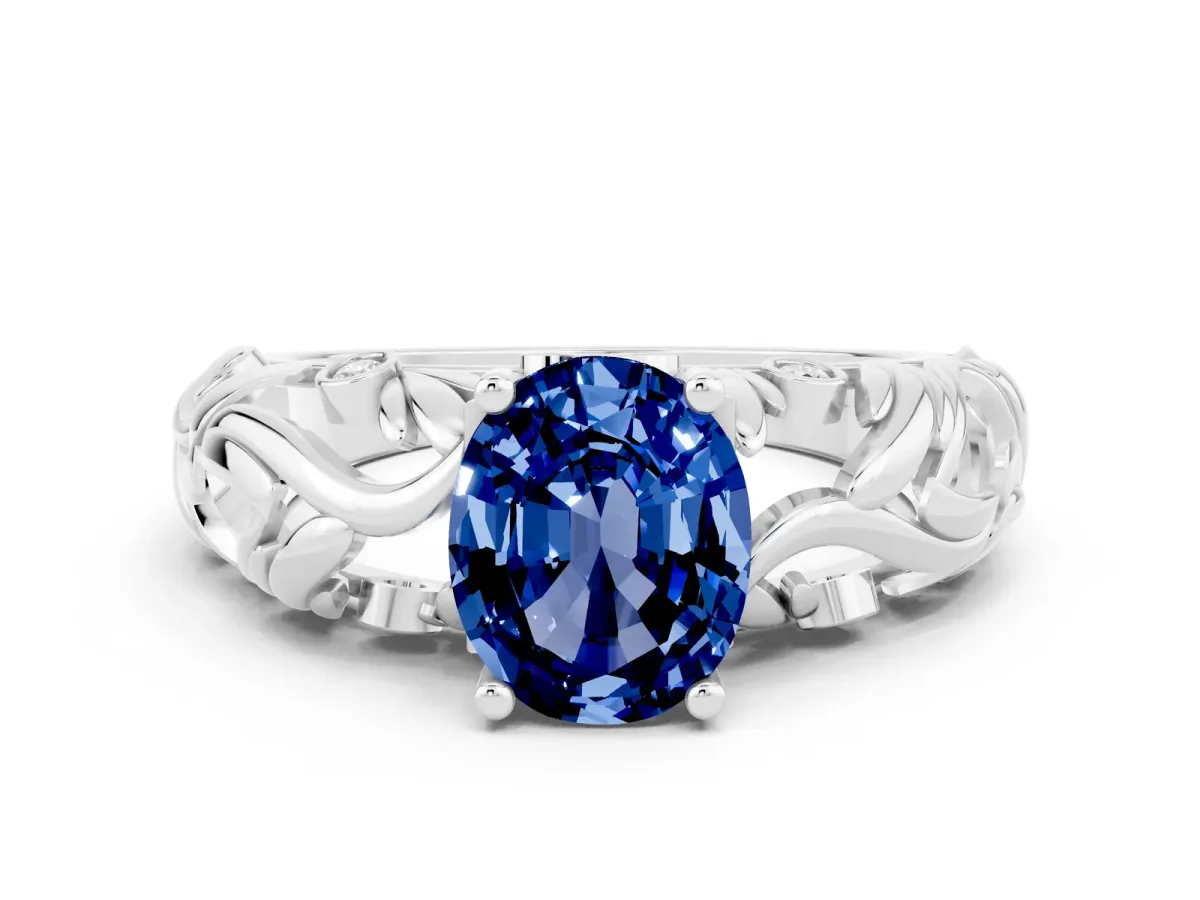 Oval Cut Solitaire Blue Sapphire Leaf-Inspired Vine Band Ring with Prong Setting White gold