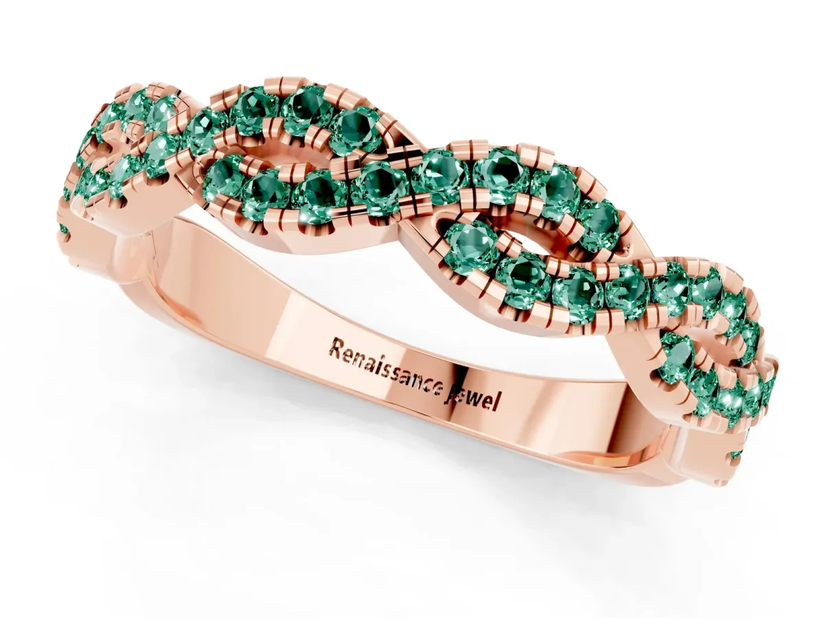 Round Green Sapphire Twisted Eternity Band with Pavé and Shared Prong Setting Rose gold