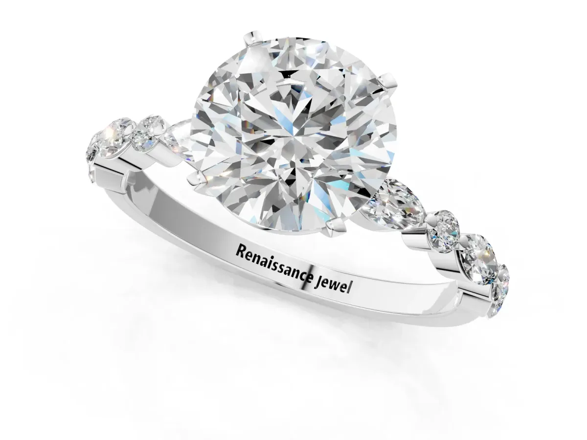 Round Cut Diamond Ring with Marquise and Round Side Stones and Four-Prong Setting Silver