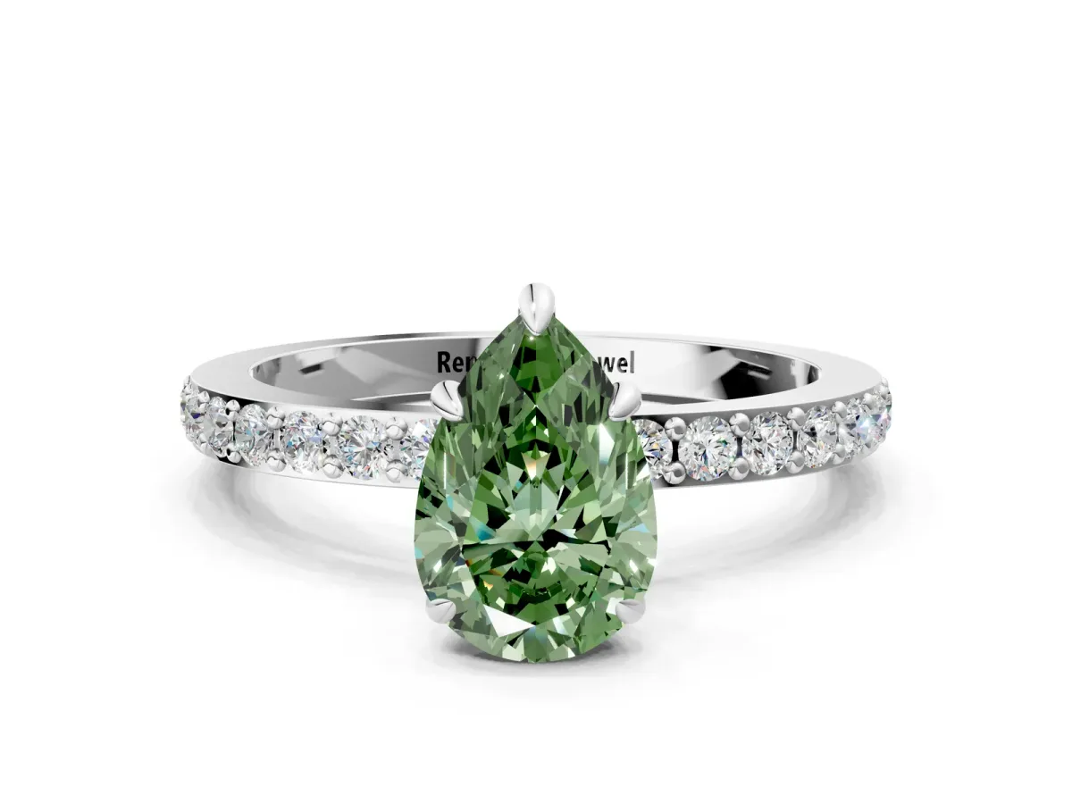 Fancy Green Pear Cut Diamond Solitaire Engagement Ring with Pavé Band and Four-Prong Setting Silver