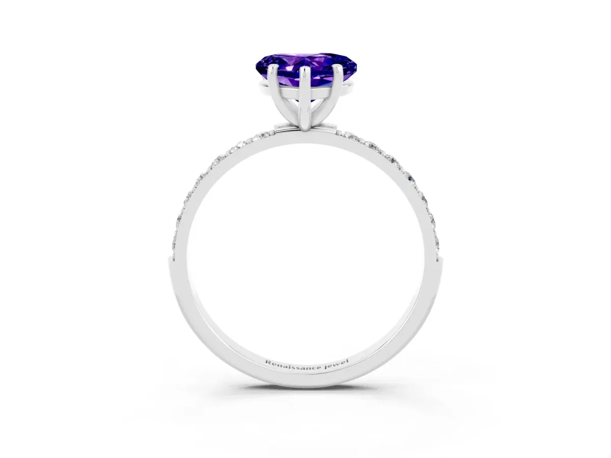 Heart Cut Tanzanite Solitaire Ring with Round Pavé Band and Prong Setting Silver