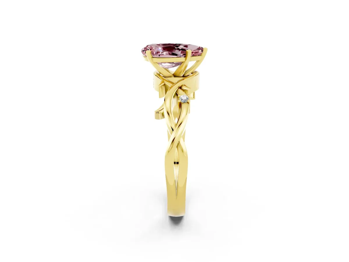 Pear Cut Morganite Solitaire Ring with Twisted Band and Prong Setting Yellow gold