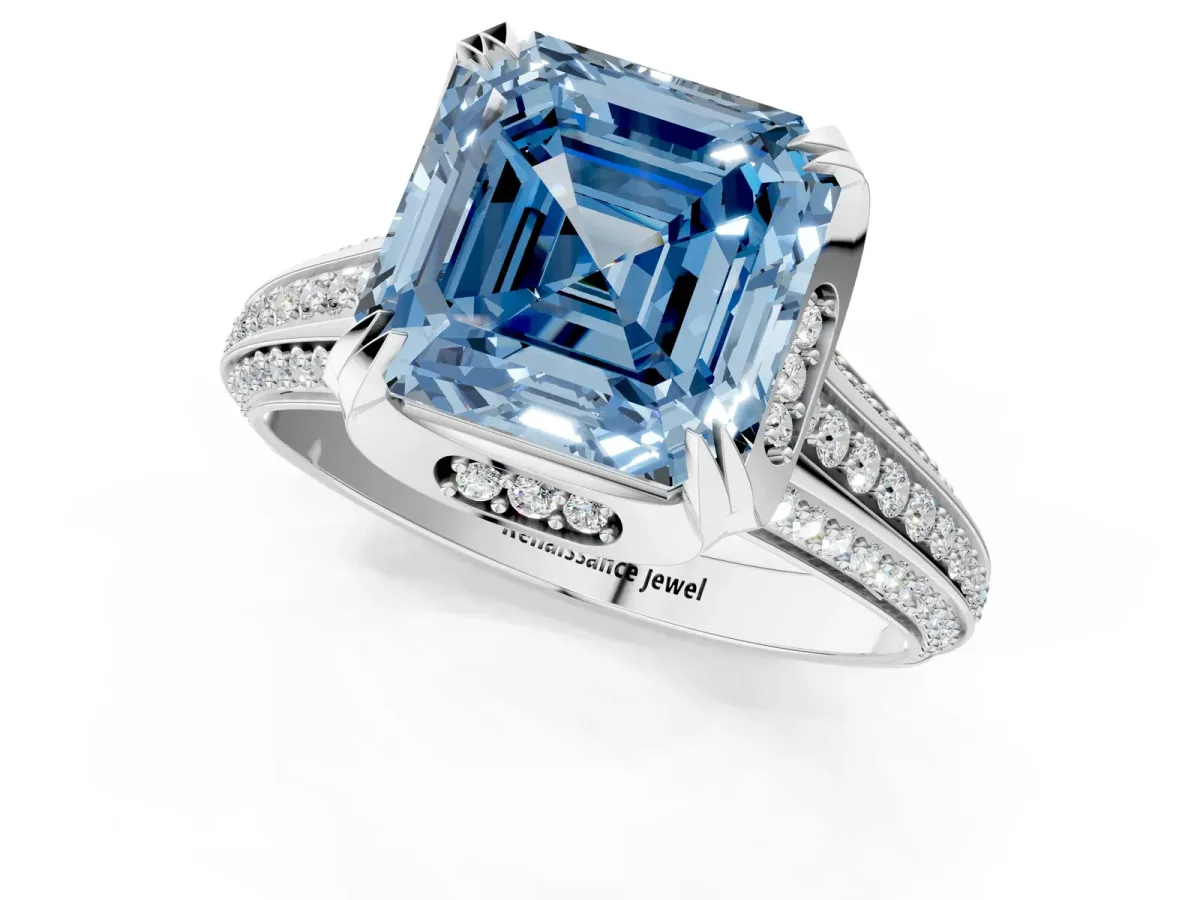 Fancy Blue Asscher Cut Solitaire Pave Split Shank Ring with Four-Prong Setting Platinum
