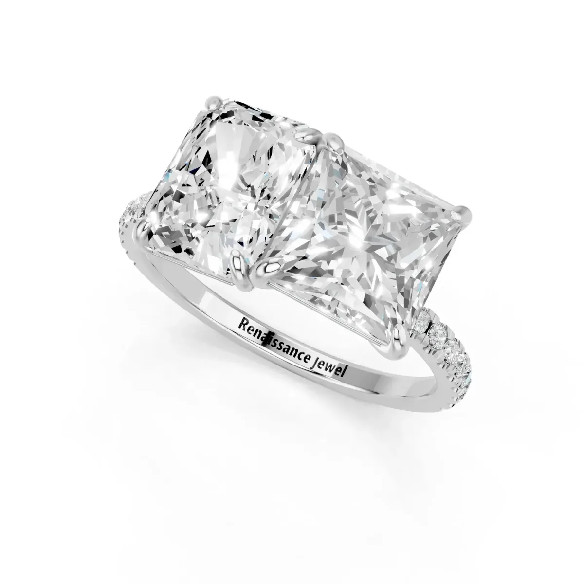Radiant and Princess Toi Moi Ring with Prong Setting and Micro Pave Band Silver