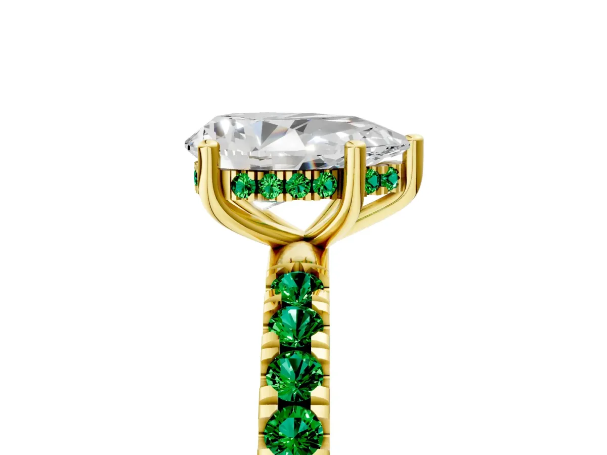 Pear Cut Diamond Pave Band Solitaire Ring with Round Emerald and Prong Setting Yellow gold