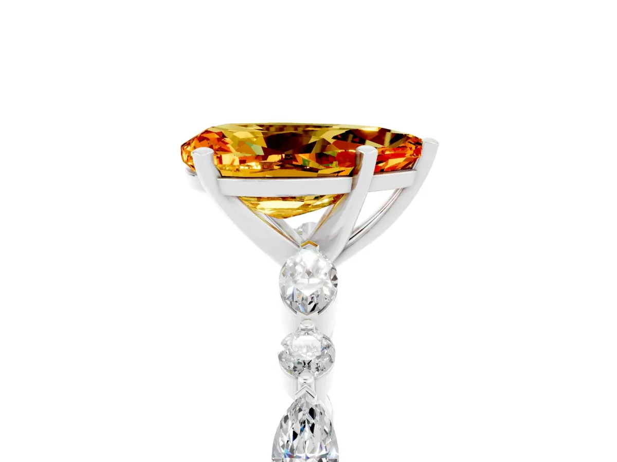Pear Cut Citrine Ring with Marquise and Round Side Stones and Four-Prong Setting Silver