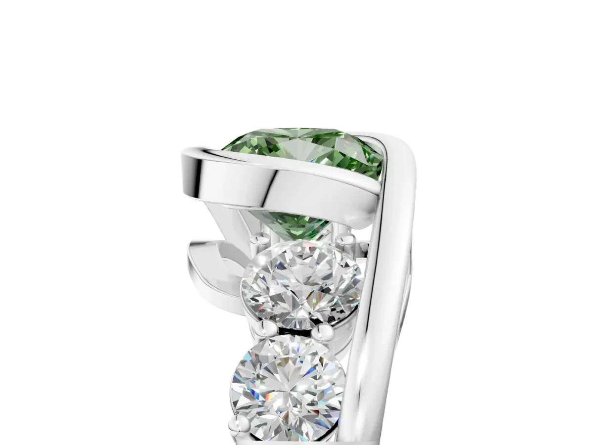 Fancy Green Bezel Set Cushion Cut Diamond Bypass Ring with Round Accents Platinum