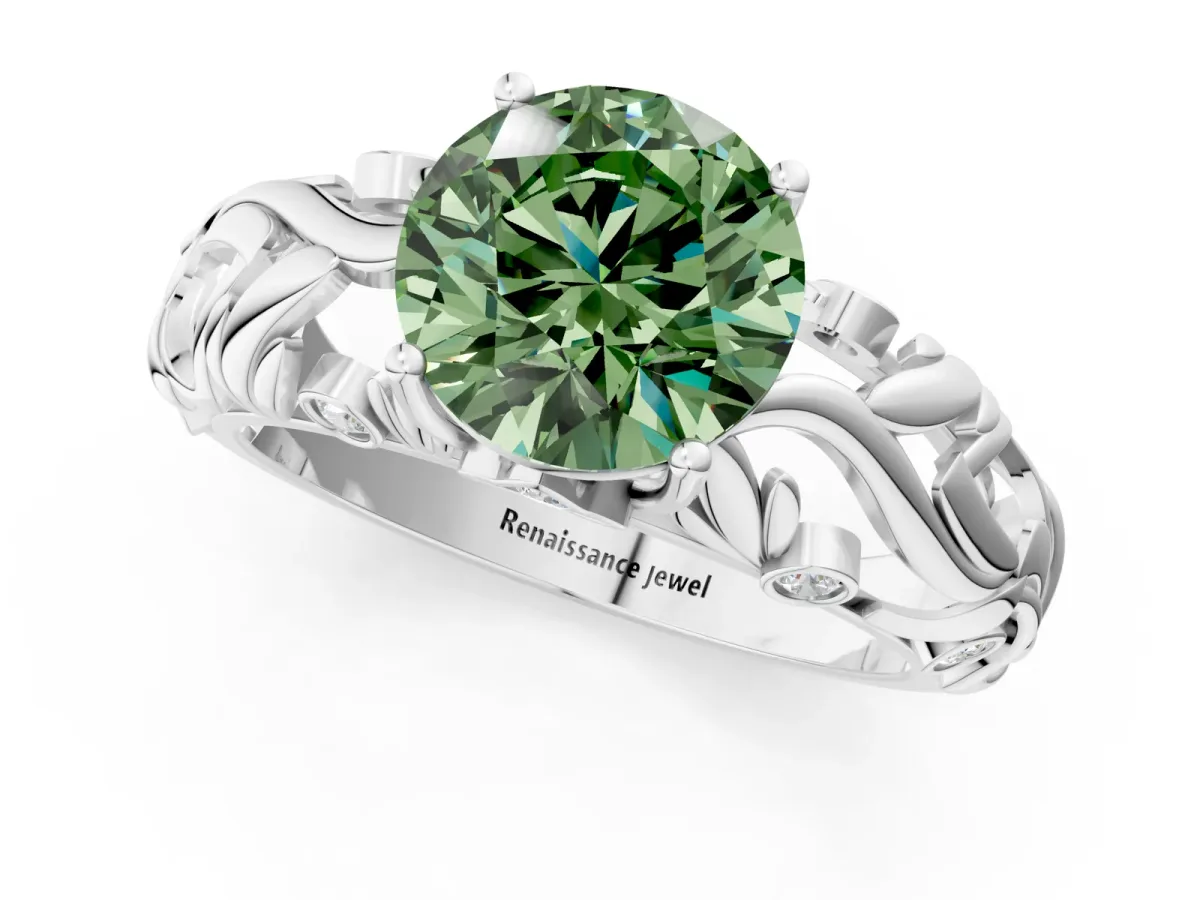 Fancy Green Round Cut Solitaire Diamond Leaf-Inspired Vine Band Ring with Prong Setting Silver