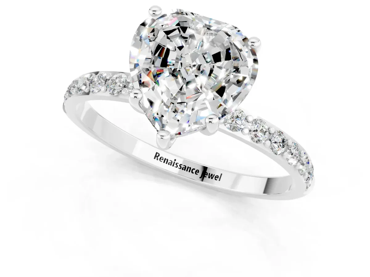 Heart Cut Moissanite Solitaire Ring with Round Pavé Band and Prong Setting Silver