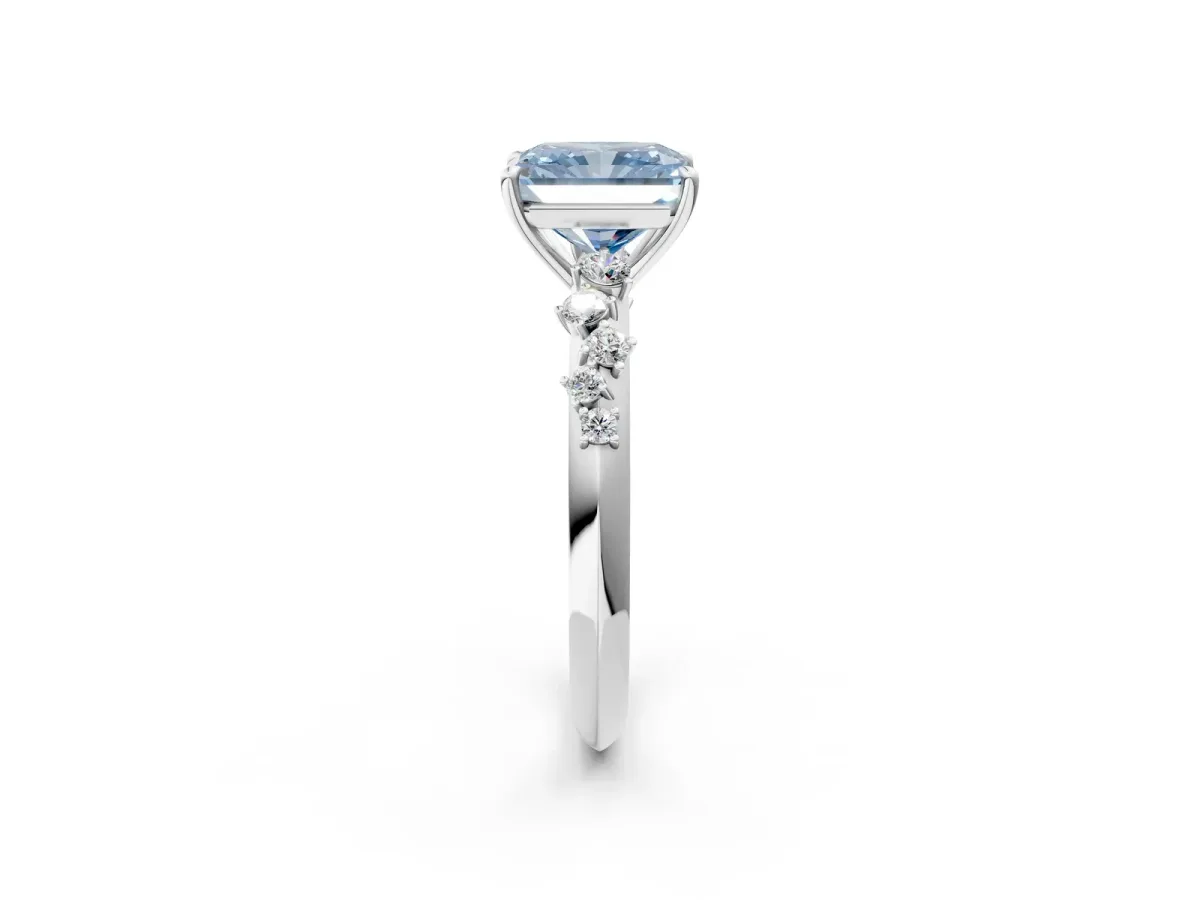 Fancy Blue Radiant Cut Diamond Cluster Side Stone Solitaire Ring with Prong Setting Platinum