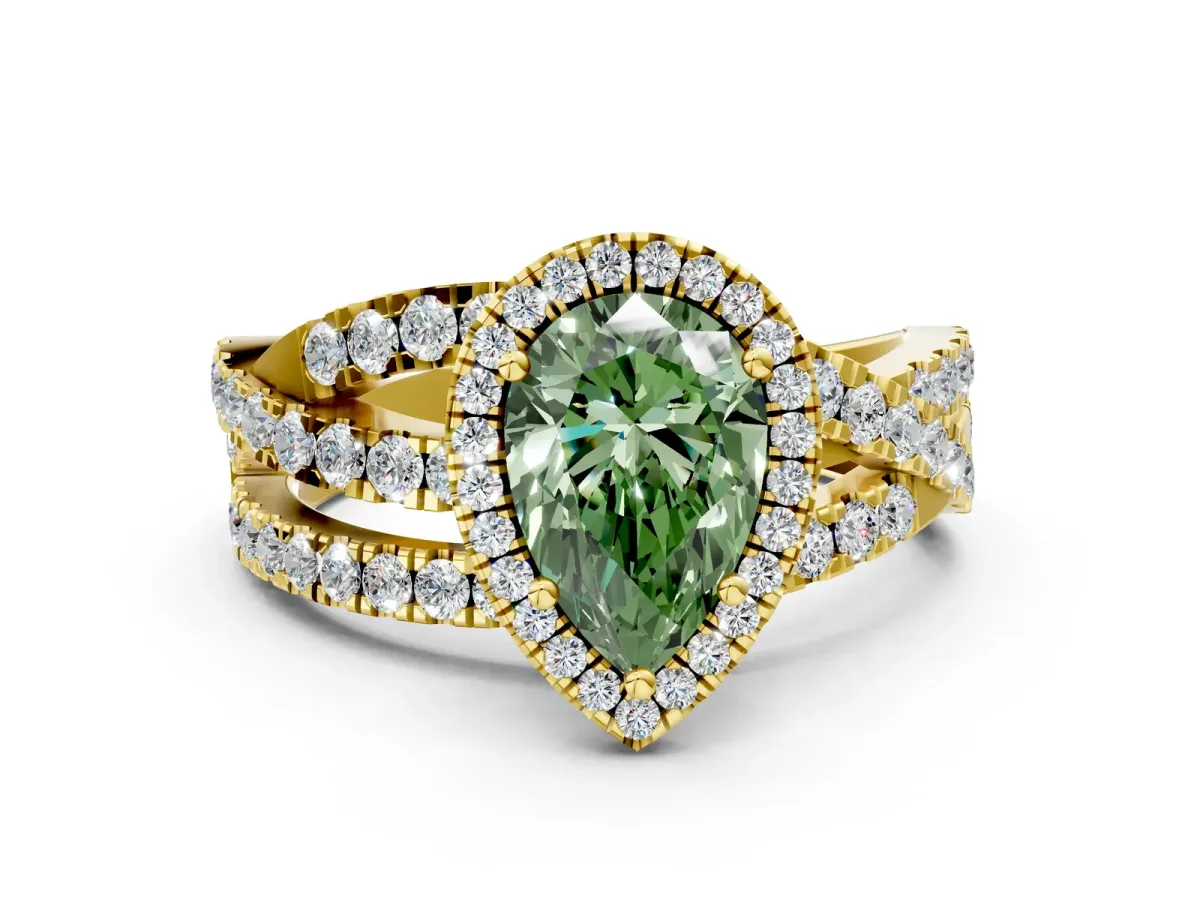 Fancy Green Pear Cut Diamond Halo Ring with Round Split Shank and Prong Setting Yellow gold