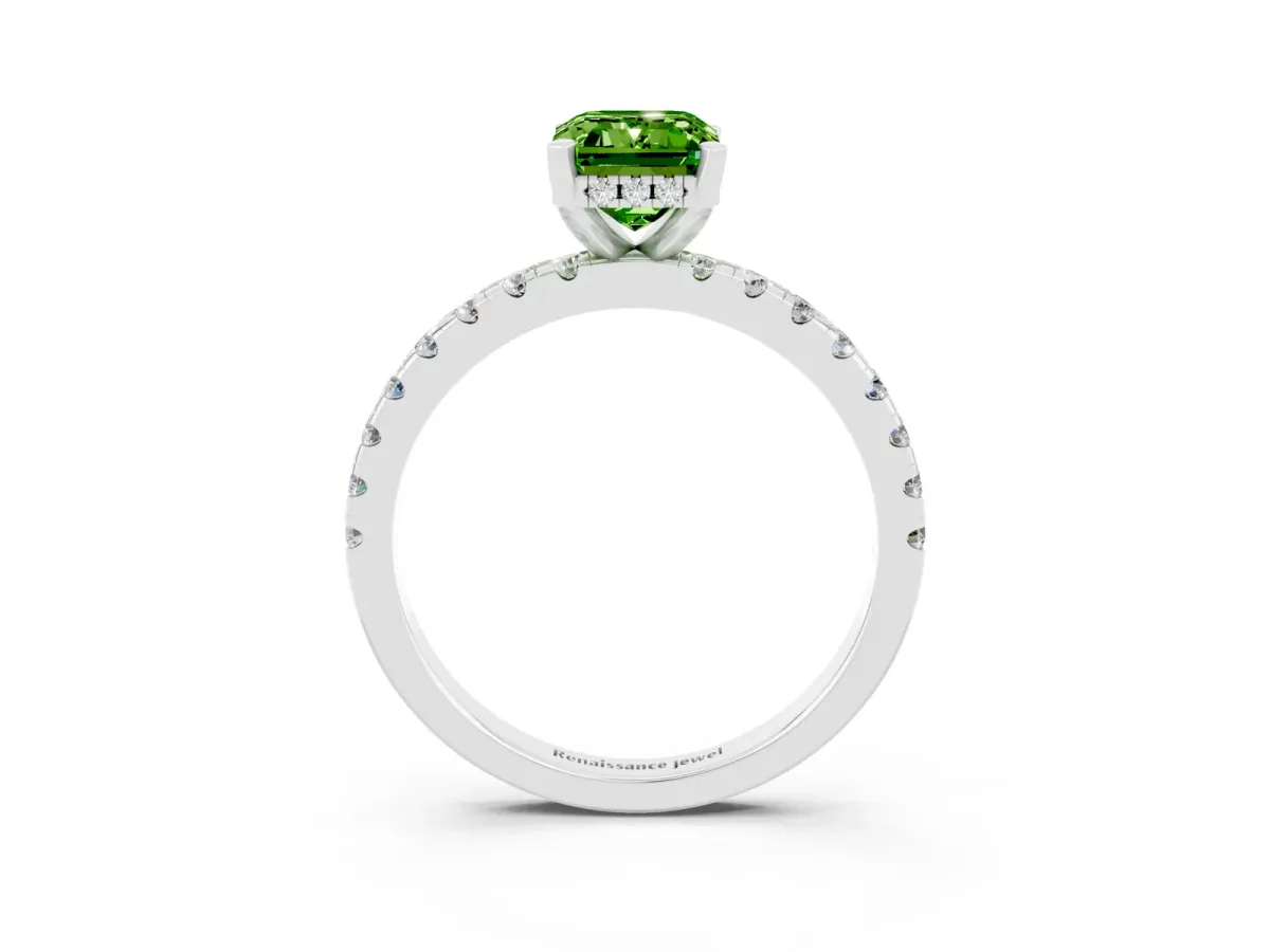 Emerald Cut Peridot Solitaire Ring with Round Pavé Band and Four-Prong Setting Platinum