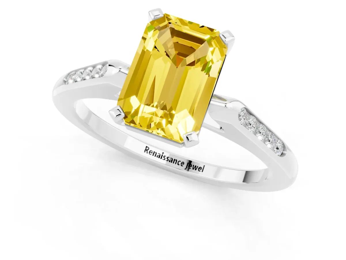 Emerald Cut Yellow Sapphire Solitaire Ring with Channel Set Round Band and Prong Setting Silver