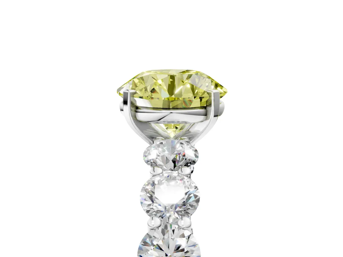 Fancy Yellow Round Cut Diamond Prong Setting with Side Stones on a Pave Band Silver