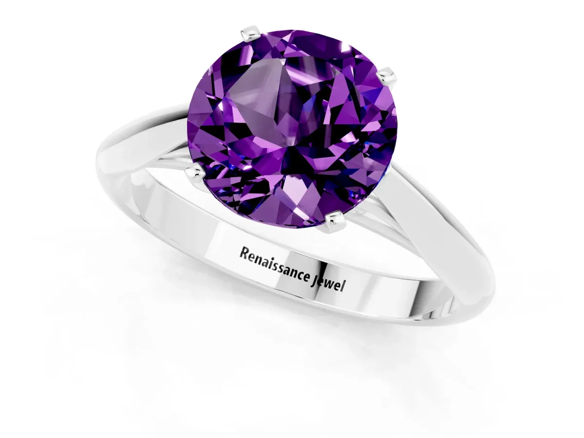 Round Cut Amethyst Solitaire Engagement Ring with Cathedral Setting and Four-Prong Mount White gold